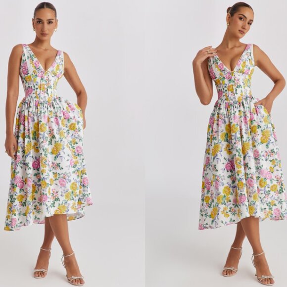 HOUSE OF CB 'Emmelina' White Vintage Rose Print Cotton Corset Sundress NWOT - Picture 4 of 7